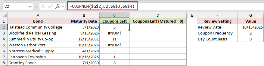 =COUPNUM($G$2,B2,$G$3,$G$4) in C2