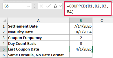 =COUPPCD(B1,B2,B3,B4) in B5