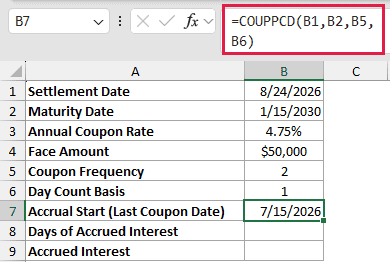 =COUPPCD(B1,B2,B5,B6) in B7