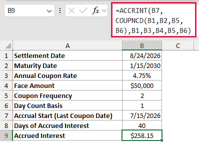 =ACCRINT(B7,COUPNCD(B1,B2,B5,B6),B1,B3,B4,B5,B6) in B9