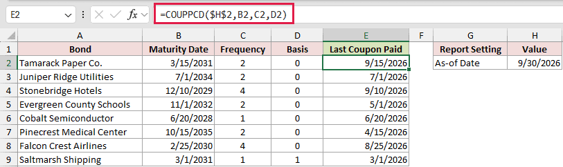 =COUPPCD($H$2,B2,C2,D2) in E2