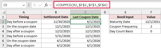 =COUPPCD(B2,$F$2,$F$3,$F$4) in C2