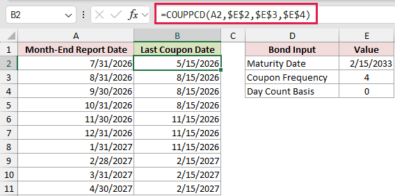 =COUPPCD(A2,$E$2,$E$3,$E$4) in B2