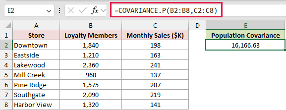 =COVARIANCE.P(B2:B8,C2:C8) in E2
