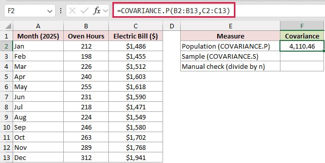 =COVARIANCE.P(B2:B13,C2:C13) in F2