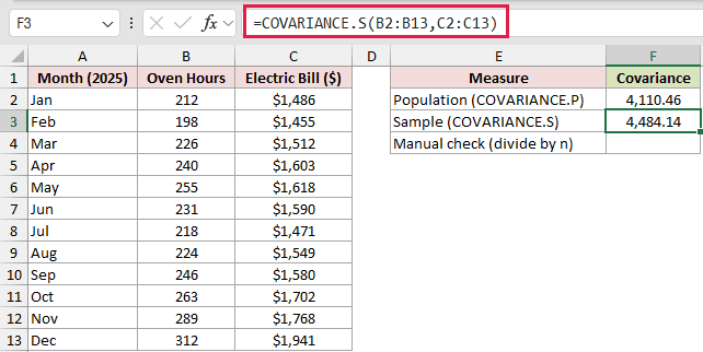 =COVARIANCE.S(B2:B13,C2:C13) in F3