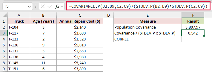 =COVARIANCE.P(B2:B9,C2:C9)/(STDEV.P(B2:B9)*STDEV.P(C2:C9)) in F3