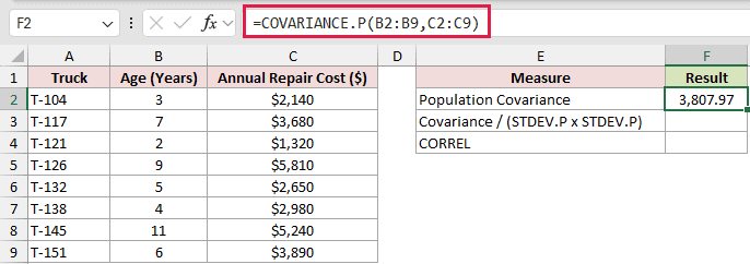 =COVARIANCE.P(B2:B9,C2:C9) in F2