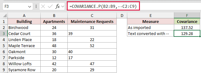 =COVARIANCE.P(B2:B9,--C2:C9) in F3