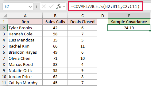 =COVARIANCE.S(B2:B11,C2:C11) in E2