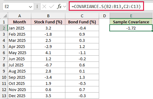=COVARIANCE.S(B2:B13,C2:C13) in E2