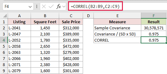 =CORREL(B2:B9,C2:C9) in F4