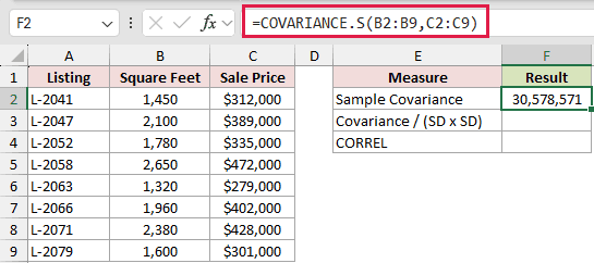 =COVARIANCE.S(B2:B9,C2:C9) in F2