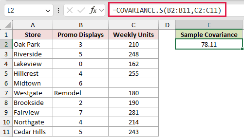 =COVARIANCE.S(B2:B11,C2:C11) in E2