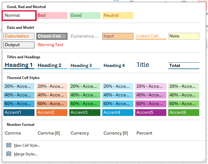 The Cell Styles gallery open on the Home tab, grouped into Good Bad and Neutral, Data and Model, Titles and Headings, Themed Cell Styles and Number Format