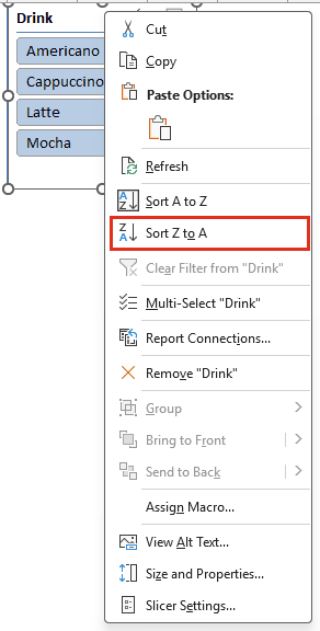 Right-click menu on the Drink slicer with the Sort Z to A command