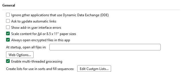 Excel Options Advanced tab with the Edit Custom Lists button