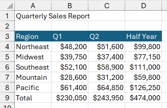 The column headings carrying Accent 1, whose color comes from the workbook theme rather than a fixed value