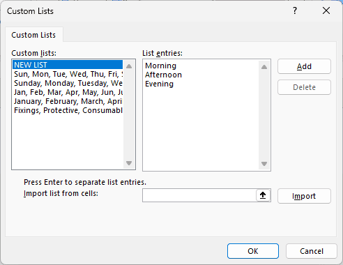 Custom Lists dialog with Morning, Afternoon, Evening in List entries