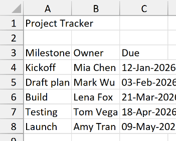An unstyled project tracker listing milestones, owners and due dates