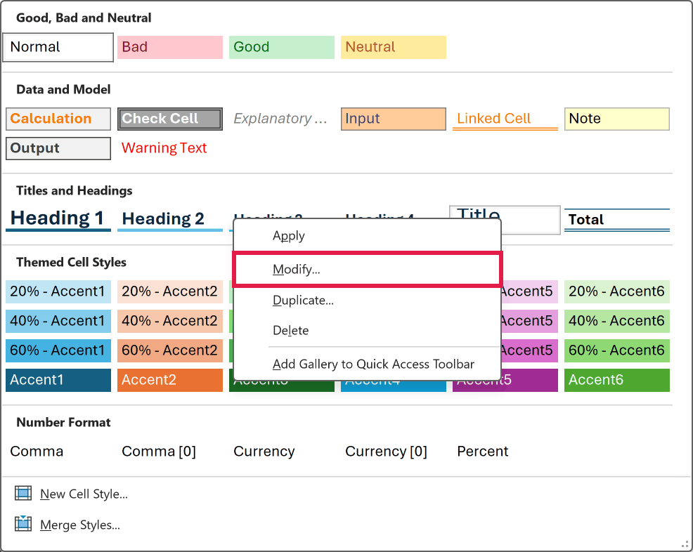 The Cell Styles gallery with a built-in style right-clicked, showing Modify rather than an Edit command