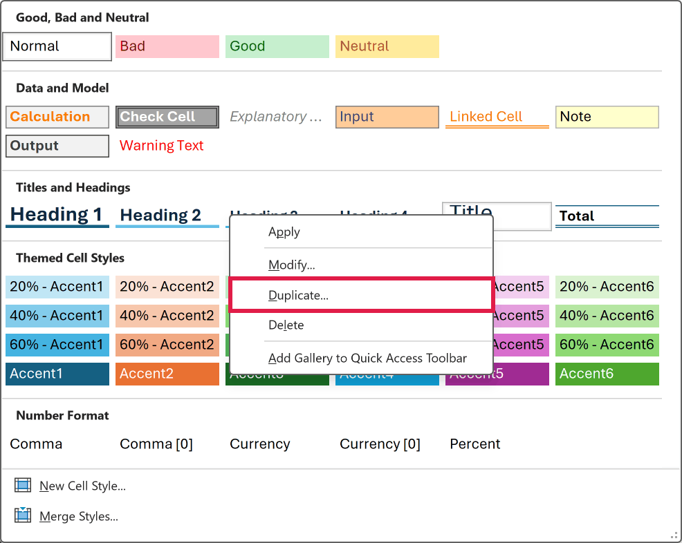 The Cell Styles gallery context menu with Duplicate selected, which creates a copy without changing the original