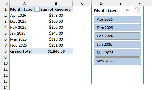 Month Label slicer sorted alphabetically, Apr 2026 first and Nov 2025 last