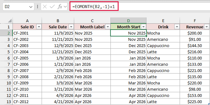 Month Start column using =EOMONTH(B2,-1)+1 formatted as mmm yyyy