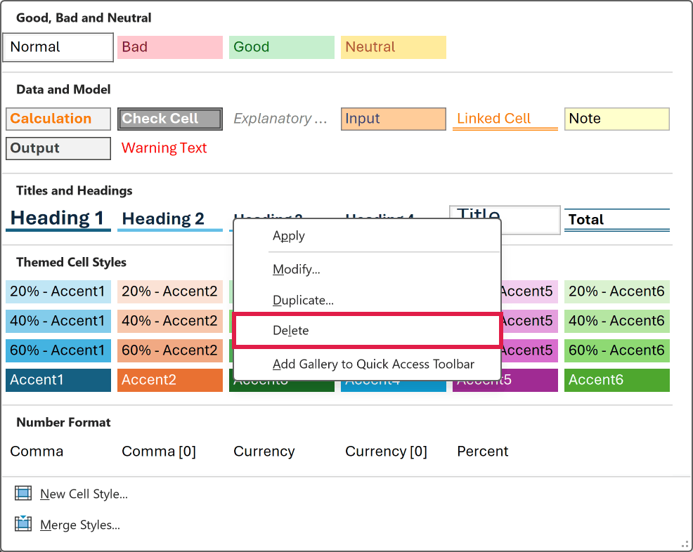 The Cell Styles gallery context menu showing Delete available on a built-in style