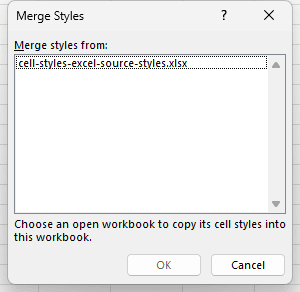 The Merge Styles dialog listing the source workbook to copy cell styles from