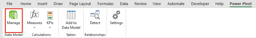 Power Pivot tab with the Manage button