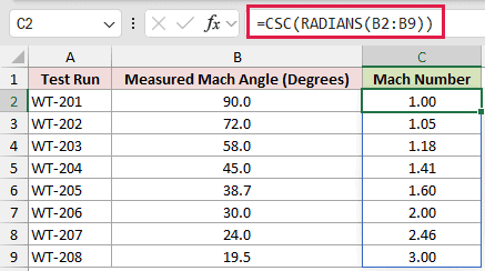 =CSC(RADIANS(B2:B9)) in C2