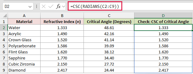 =CSC(RADIANS(C2:C9)) in D2