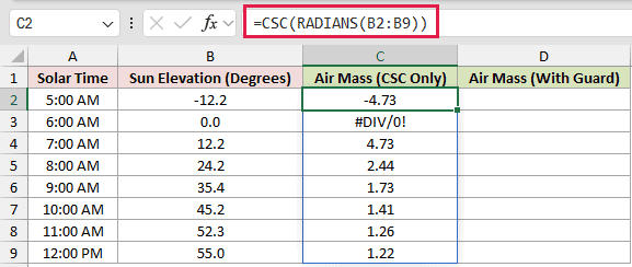 =CSC(RADIANS(B2:B9)) in C2