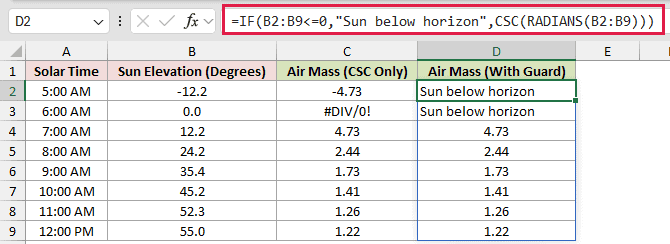 =IF(B2:B9<=0,"Sun below horizon",CSC(RADIANS(B2:B9))) in D2