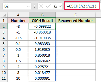 =CSCH(A2:A11) in B2