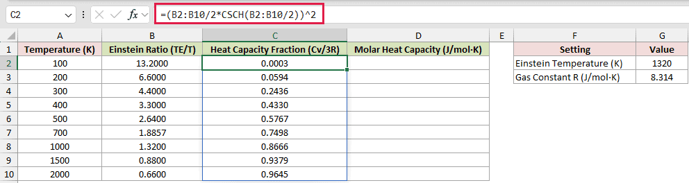 =(B2:B10/2*CSCH(B2:B10/2))^2 in C2