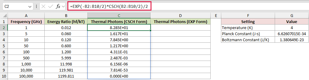 =EXP(-B2:B10/2)*CSCH(B2:B10/2)/2 in C2