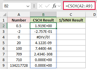 =CSCH(A2:A9) in B2