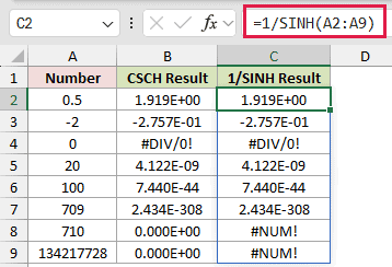 =1/SINH(A2:A9) in C2