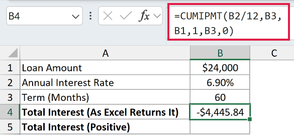 =CUMIPMT(B2/12,B3,B1,1,B3,0) in B4