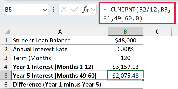 =-CUMIPMT(B2/12,B3,B1,49,60,0) in B5