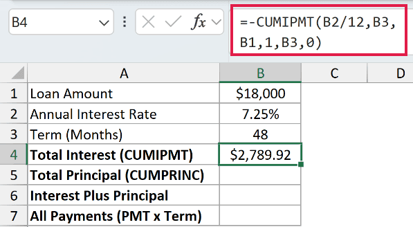 =-CUMIPMT(B2/12,B3,B1,1,B3,0) in B4