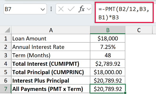 =-PMT(B2/12,B3,B1)*B3 in B7