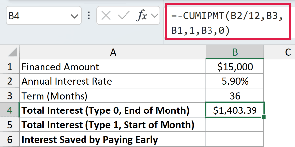 =-CUMIPMT(B2/12,B3,B1,1,B3,0) in B4