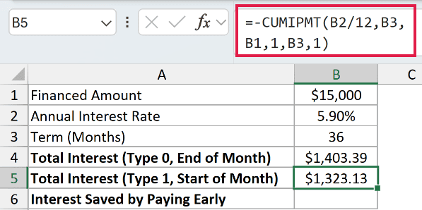 =-CUMIPMT(B2/12,B3,B1,1,B3,1) in B5