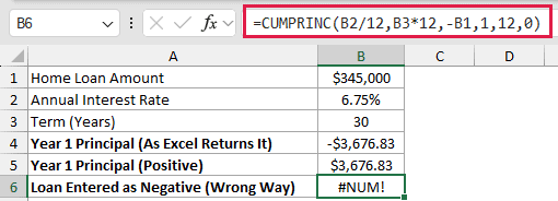 =CUMPRINC(B2/12,B3*12,-B1,1,12,0) in B6