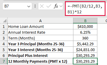 =-PMT(B2/12,B3,B1)*12 in B7