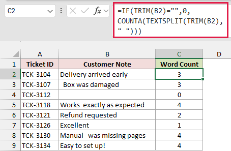 TEXTSPLIT and COUNTA formula in C2 copied down to count the words in each note
