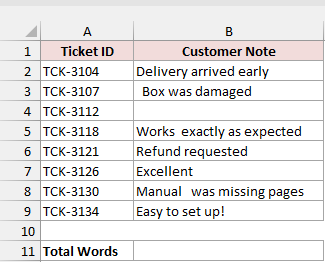 Eight customer notes in B2:B9 with a Total Words cell in B11
